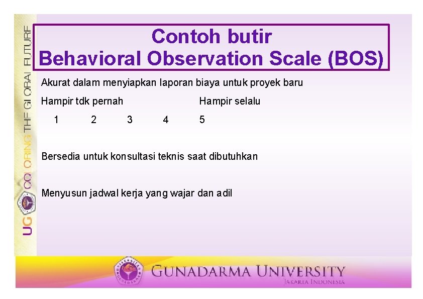 Contoh butir Behavioral Observation Scale (BOS) Akurat dalam menyiapkan laporan biaya untuk proyek baru