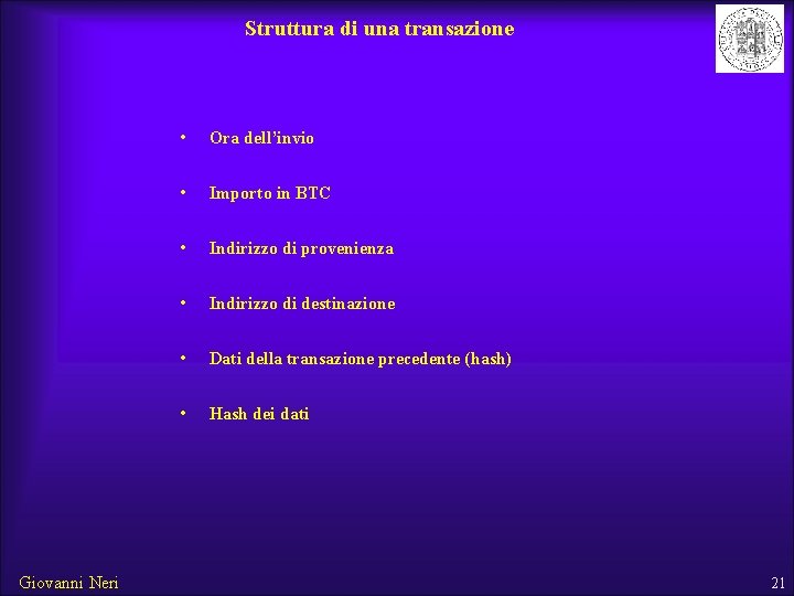 Struttura di una transazione Giovanni Neri • Ora dell’invio • Importo in BTC •