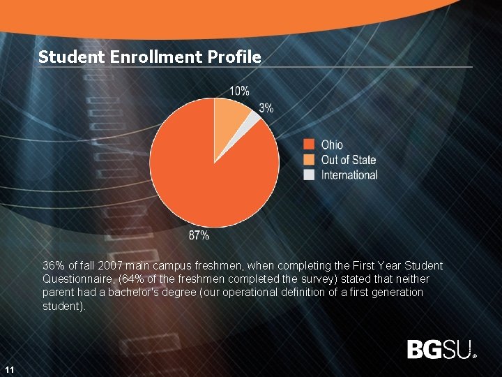 Student Enrollment Profile 36% of fall 2007 main campus freshmen, when completing the First