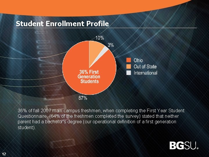 Student Enrollment Profile 36% of fall 2007 main campus freshmen, when completing the First