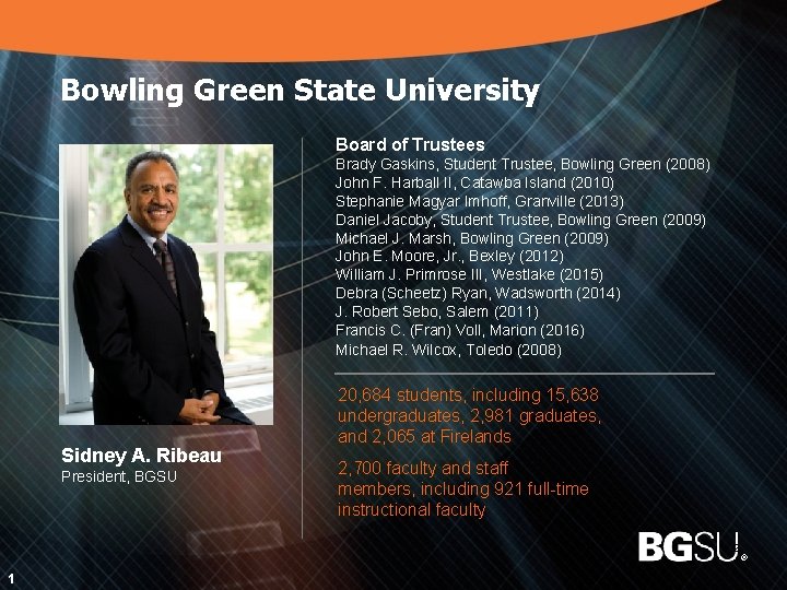 Bowling Green State University Board of Trustees Sidney A. Ribeau President, BGSU Brady Gaskins,