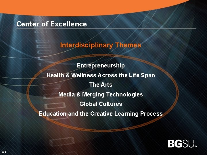Center of Excellence Interdisciplinary Themes Entrepreneurship Health & Wellness Across the Life Span The
