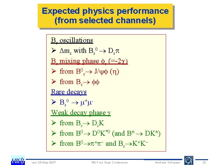 Expected physics performance (from selected channels) Bs oscillations Ø ms with Bs 0 Ds
