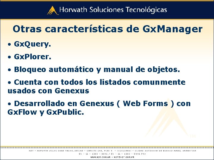 Otras características de Gx. Manager • Gx. Query. • Gx. Plorer. • Bloqueo automático