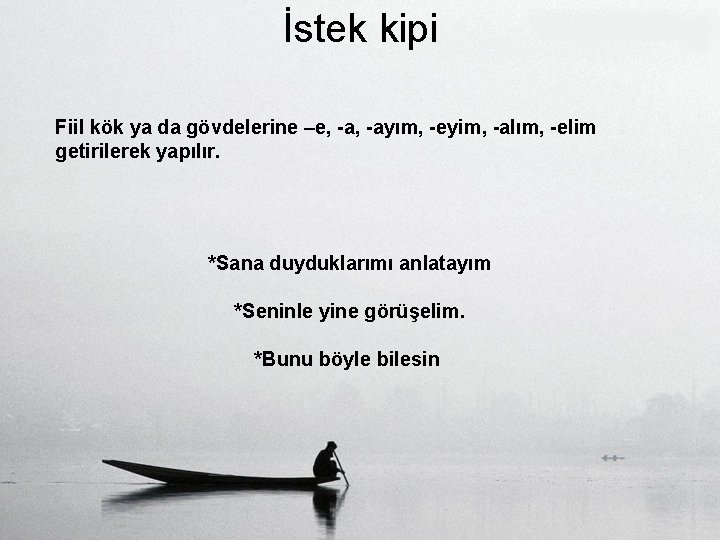 İstek kipi Fiil kök ya da gövdelerine –e, -ayım, -eyim, -alım, -elim getirilerek yapılır.