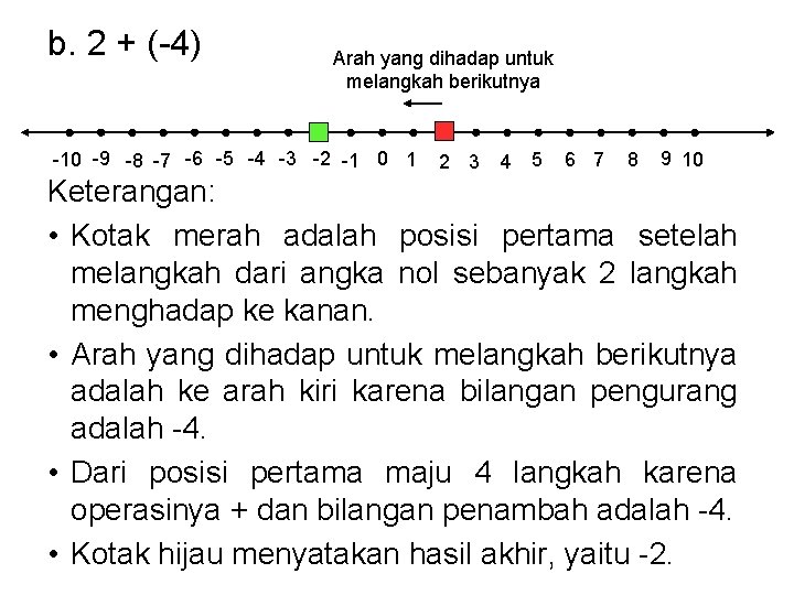 b. 2 + (-4) Arah yang dihadap untuk melangkah berikutnya -10 -9 -8 -7