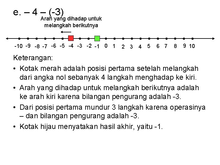 e. – 4 – (-3) Arah yang dihadap untuk melangkah berikutnya -10 -9 -8