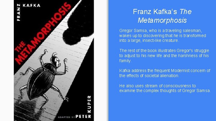 Franz Kafka’s The Metamorphosis Gregor Samsa, who is a traveling salesman, wakes up to