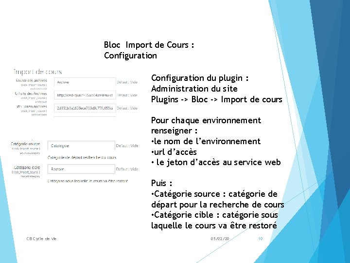 Bloc Import de Cours : Configuration du plugin : Administration du site Plugins ->