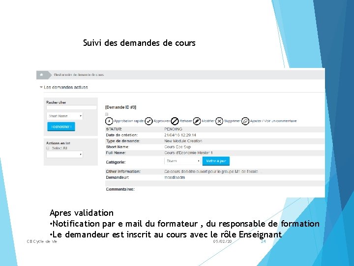 Suivi des demandes de cours Apres validation • Notification par e mail du formateur