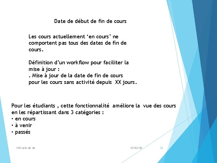 Date de début de fin de cours Les cours actuellement ‘en cours’ ne comportent