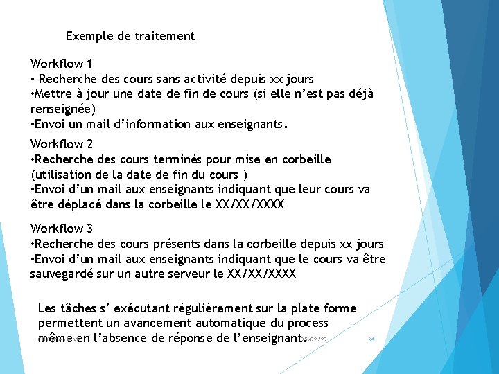 Exemple de traitement Workflow 1 • Recherche des cours sans activité depuis xx jours