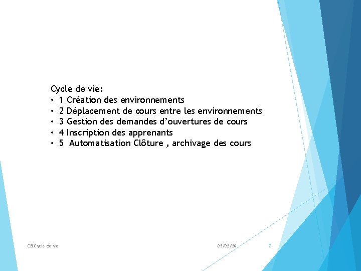 Cycle de vie: • 1 Création des environnements • 2 Déplacement de cours entre