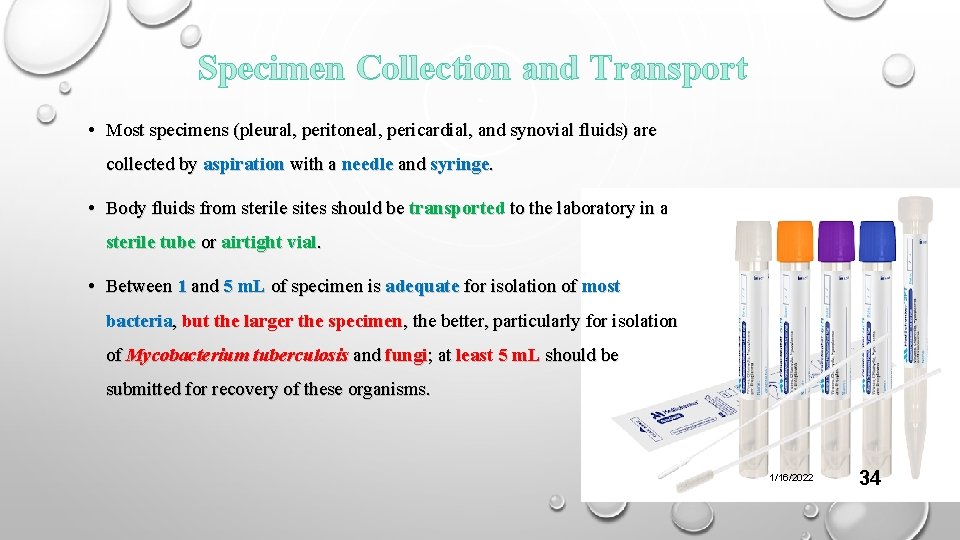 Specimen Collection and Transport • Most specimens (pleural, peritoneal, pericardial, and synovial fluids) are