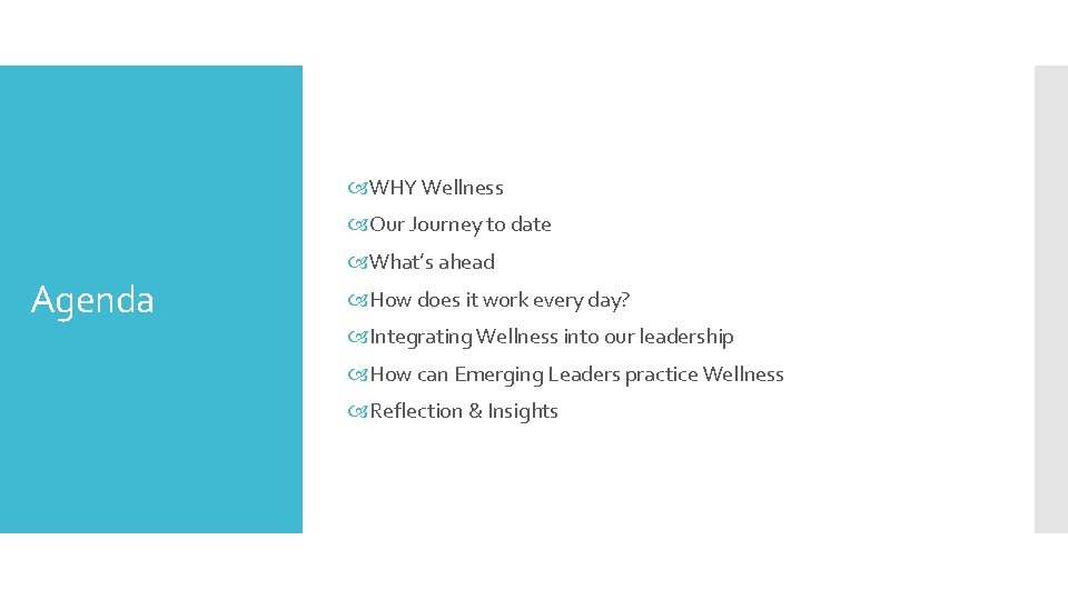  WHY Wellness Our Journey to date Agenda What’s ahead How does it work