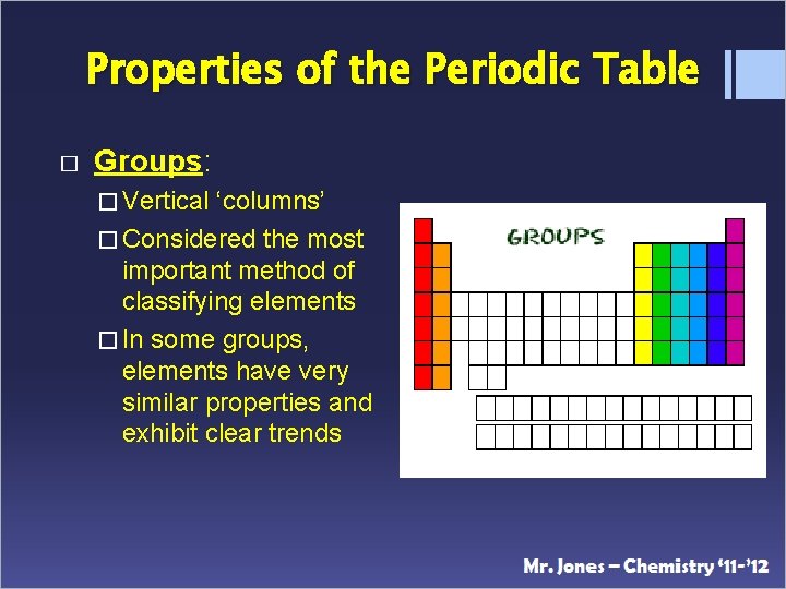 Properties of the Periodic Table � Groups: � Vertical ‘columns’ � Considered the most