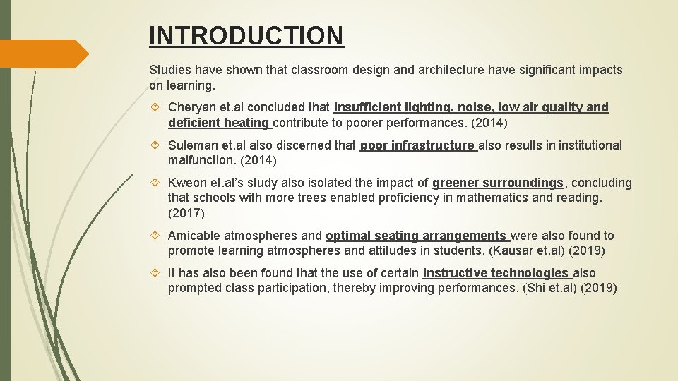 INTRODUCTION Studies have shown that classroom design and architecture have significant impacts on learning.