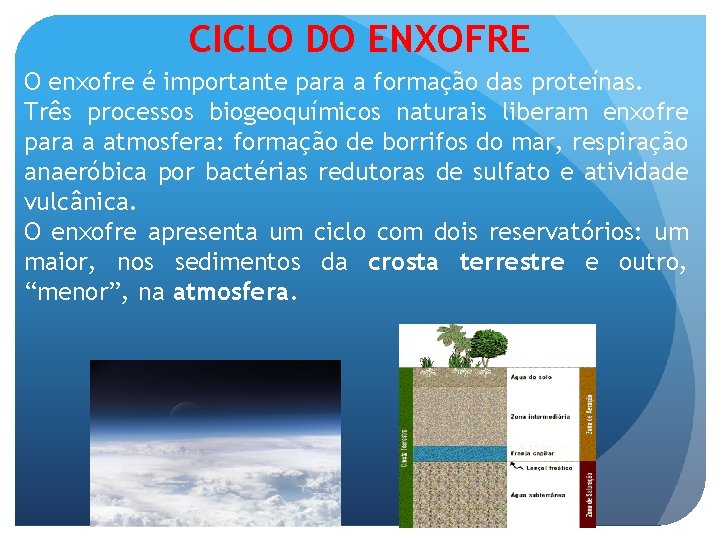 CICLO DO ENXOFRE O enxofre é importante para a formação das proteínas. Três processos