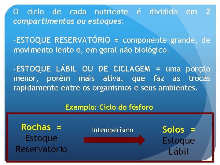 O ciclo de cada nutriente compartimentos ou estoques: é dividido em 2 -ESTOQUE RESERVATÓRIO