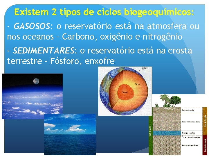 Existem 2 tipos de ciclos biogeoquímicos: - GASOSOS: o reservatório está na atmosfera ou