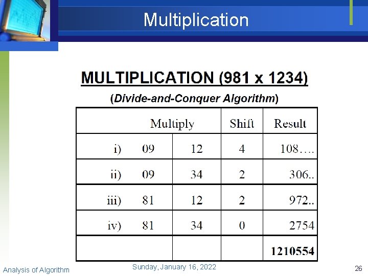 Multiplication Analysis of Algorithm Sunday, January 16, 2022 26 