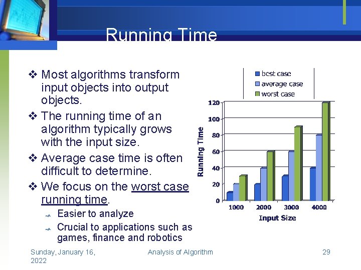 Running Time v Most algorithms transform input objects into output objects. v The running