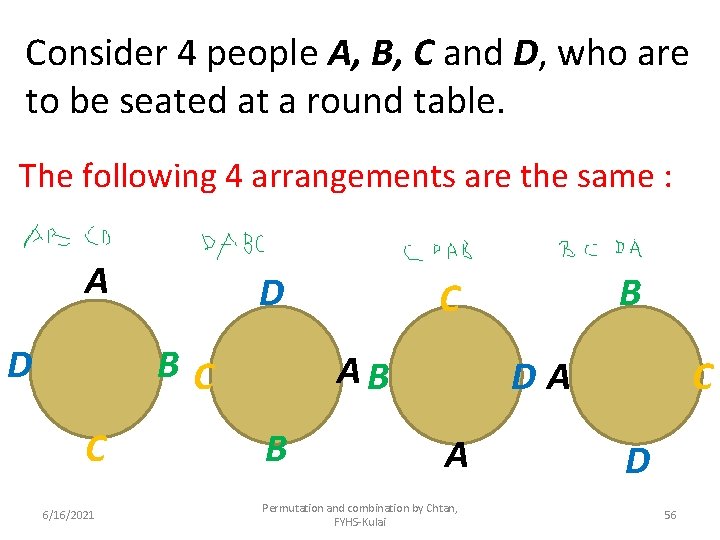 Consider 4 people A, B, C and D, who are to be seated at