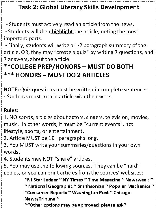Task 2: Global Literacy Skills Development - Students must actively read an article from