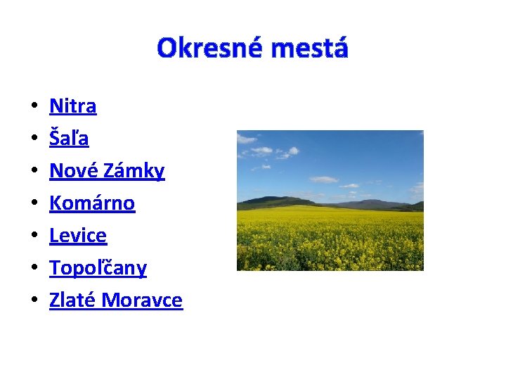 Okresné mestá • • Nitra Šaľa Nové Zámky Komárno Levice Topoľčany Zlaté Moravce 