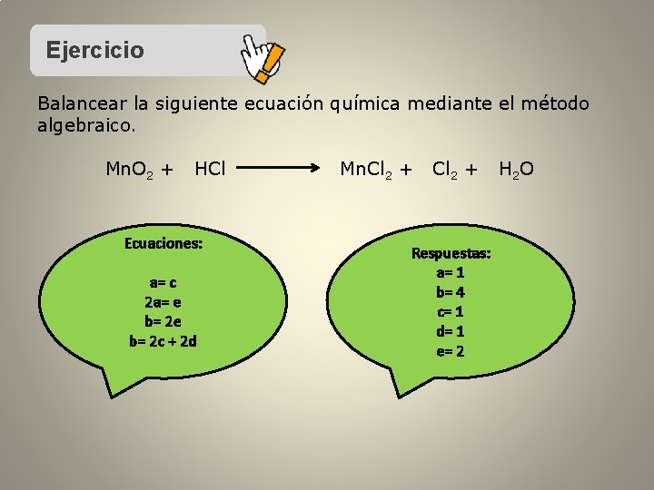 Ejercicio Balancear la siguiente ecuación química mediante el método algebraico. Mn. O 2 +