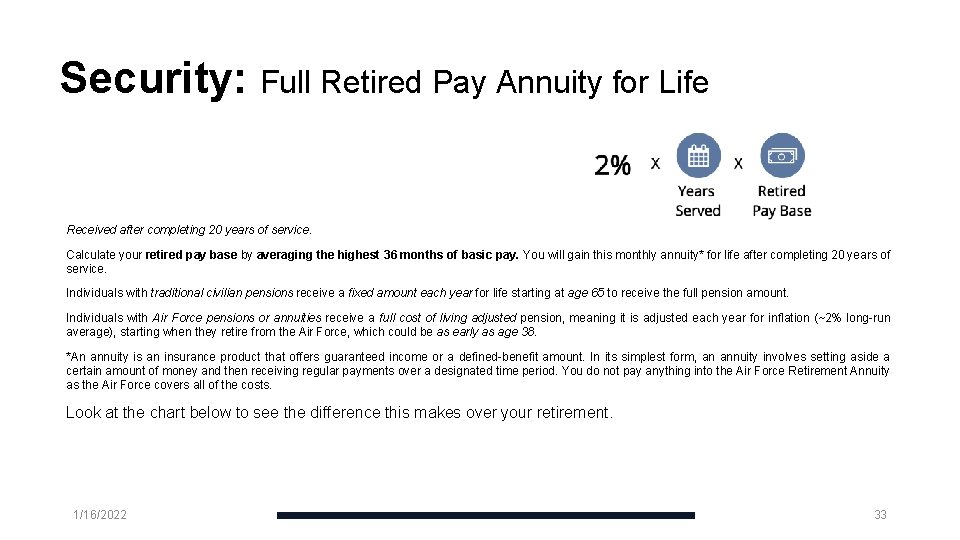 Security: Full Retired Pay Annuity for Life Received after completing 20 years of service.