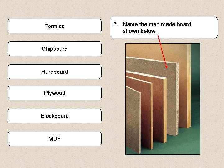 Formica Chipboard Hardboard Plywood Blockboard MDF 3. Name the man made board shown below.