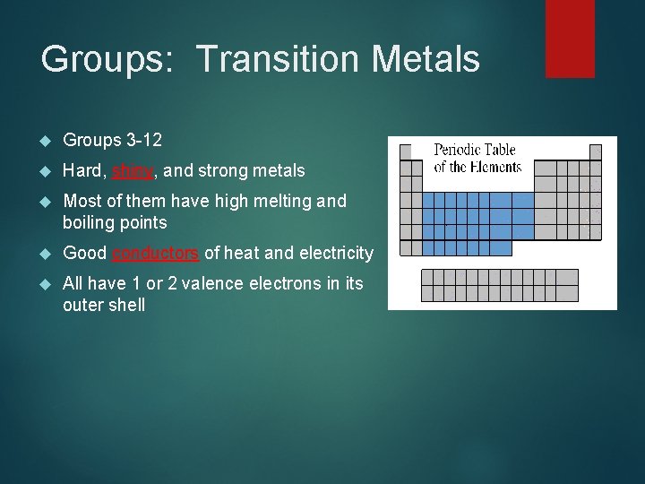 Groups: Transition Metals Groups 3 -12 Hard, shiny, and strong metals Most of them