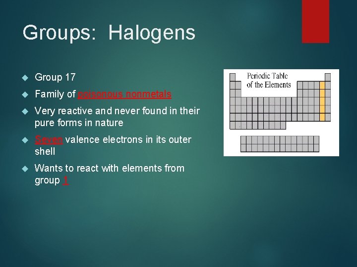 Groups: Halogens Group 17 Family of poisonous nonmetals Very reactive and never found in