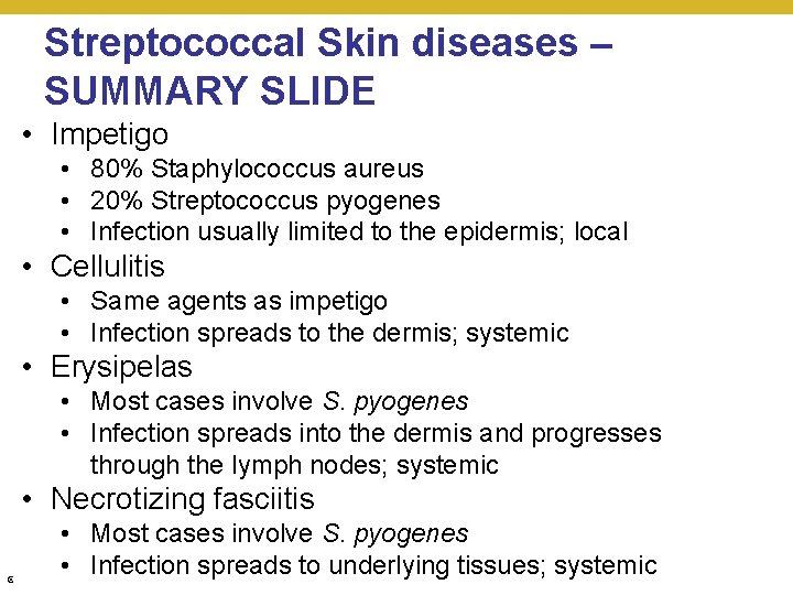 Streptococcal Skin diseases – SUMMARY SLIDE • Impetigo • 80% Staphylococcus aureus • 20%