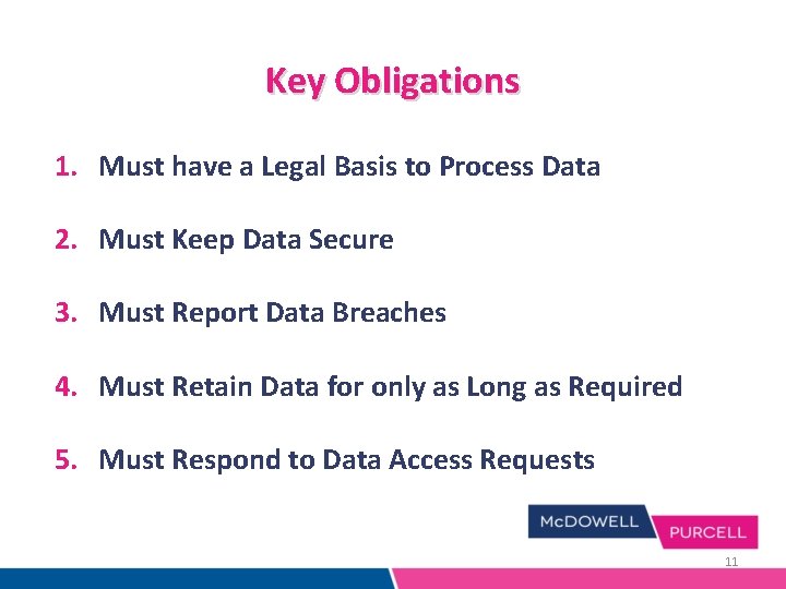 Key Obligations 1. Must have a Legal Basis to Process Data 2. Must Keep Key Obligations 1. Must have a Legal Basis to Process Data 2. Must Keep
