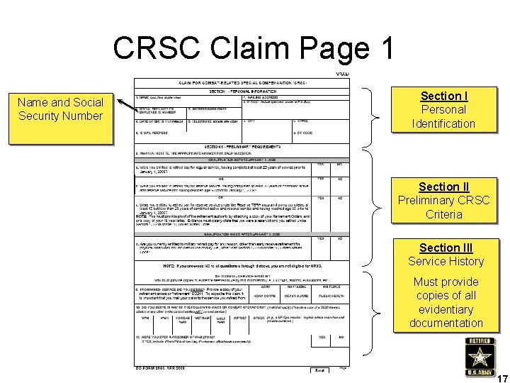 CRSC Claim Page 1 Name and Social Security Number Section I Personal Identification Section