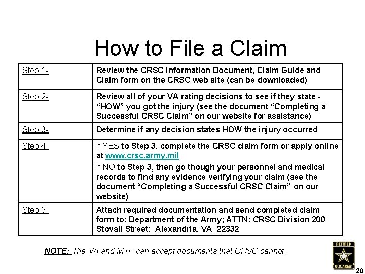 How to File a Claim Step 1 - Review the CRSC Information Document, Claim