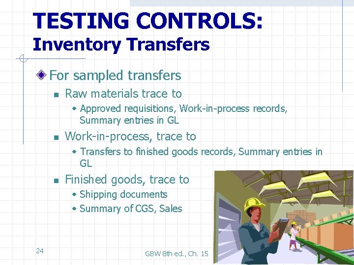 TESTING CONTROLS: Inventory Transfers For sampled transfers n Raw materials trace to w Approved