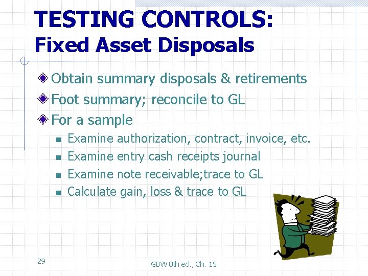 TESTING CONTROLS: Fixed Asset Disposals Obtain summary disposals & retirements Foot summary; reconcile to