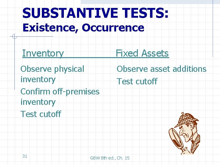 SUBSTANTIVE TESTS: Existence, Occurrence Inventory Fixed Assets Observe physical inventory Confirm off-premises inventory Test