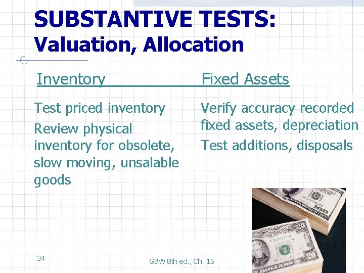 SUBSTANTIVE TESTS: Valuation, Allocation Inventory Fixed Assets Test priced inventory Review physical inventory for