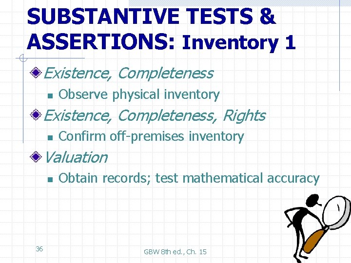 SUBSTANTIVE TESTS & ASSERTIONS: Inventory 1 Existence, Completeness n Observe physical inventory Existence, Completeness,