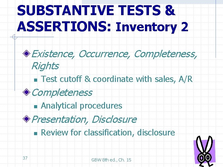 SUBSTANTIVE TESTS & ASSERTIONS: Inventory 2 Existence, Occurrence, Completeness, Rights n Test cutoff &