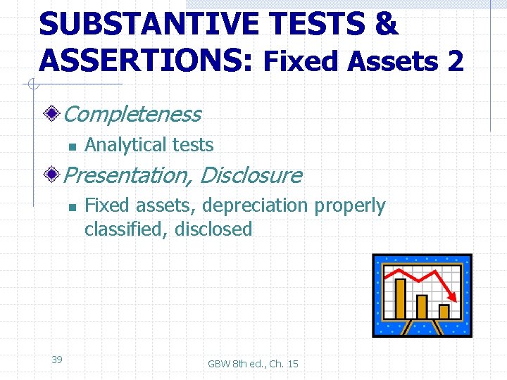 SUBSTANTIVE TESTS & ASSERTIONS: Fixed Assets 2 Completeness n Analytical tests Presentation, Disclosure n