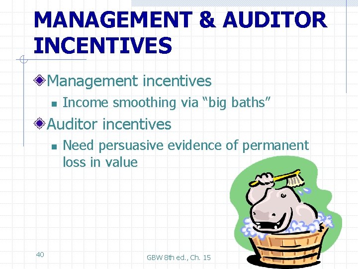 MANAGEMENT & AUDITOR INCENTIVES Management incentives n Income smoothing via “big baths” Auditor incentives