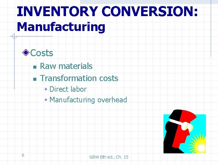 INVENTORY CONVERSION: Manufacturing Costs n n Raw materials Transformation costs w Direct labor w