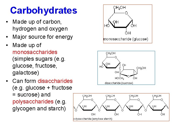 Carbohydrates • Made up of carbon, hydrogen and oxygen • Major source for energy