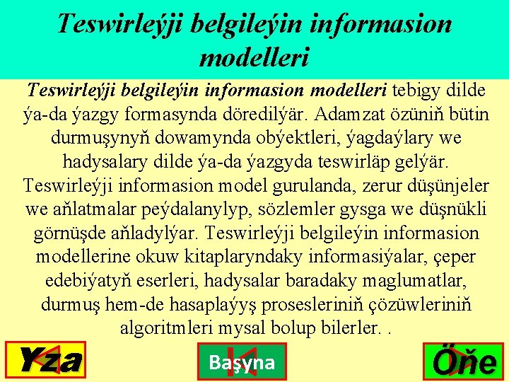 Teswirleýji belgileýin informasion modelleri tebigy dilde ýa-da ýazgy formasynda döredilýär. Adamzat özüniň bütin durmuşynyň