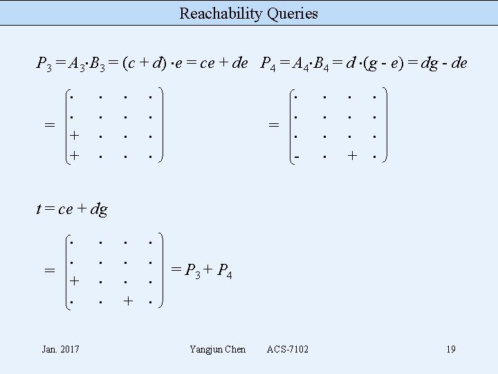 Reachability Queries P 3 = A 3 B 3 = (c + d) e